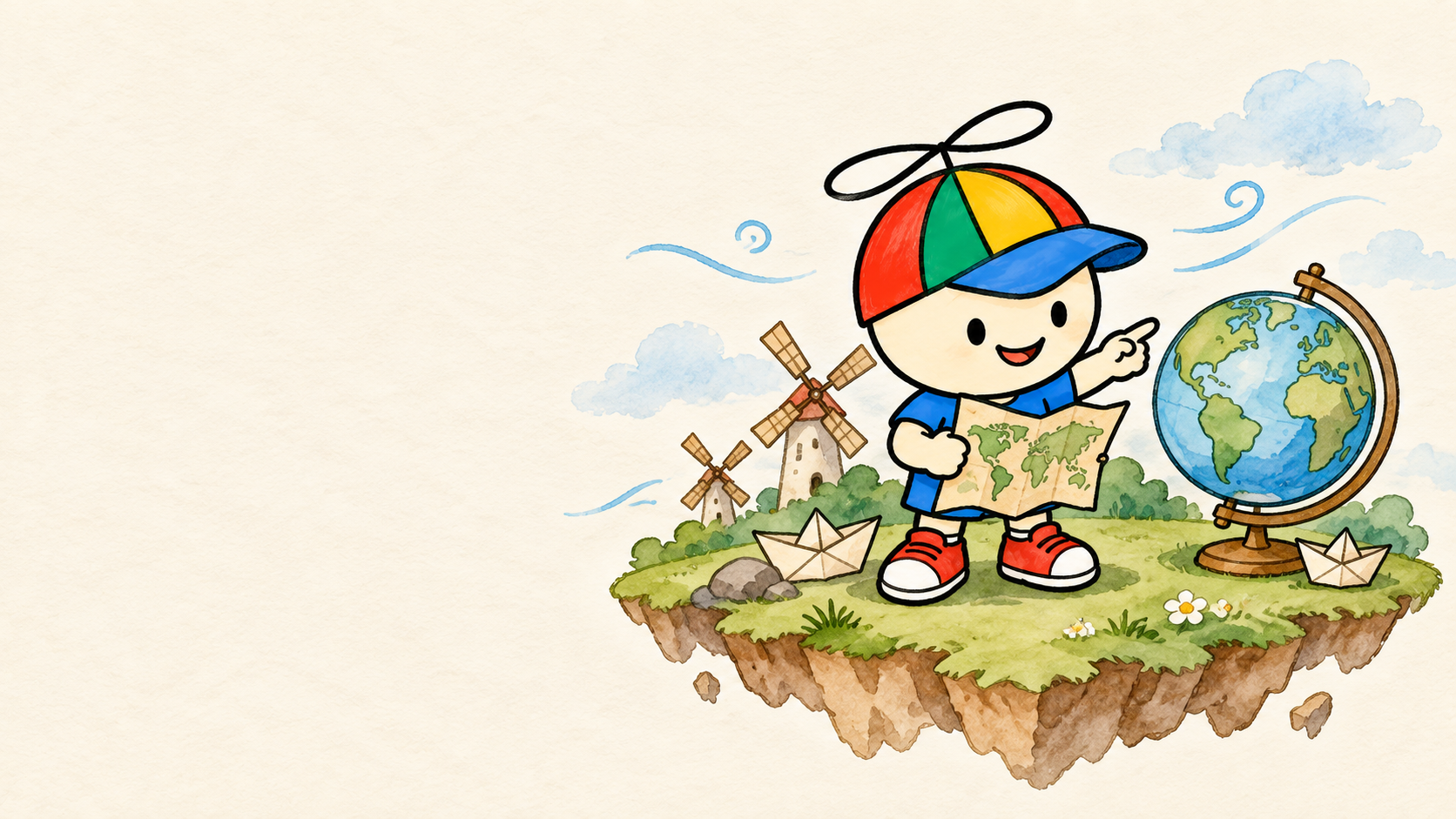 A smiling Gooble in the colorful propeller hat, exploring a watercolor island with a globe and windmills